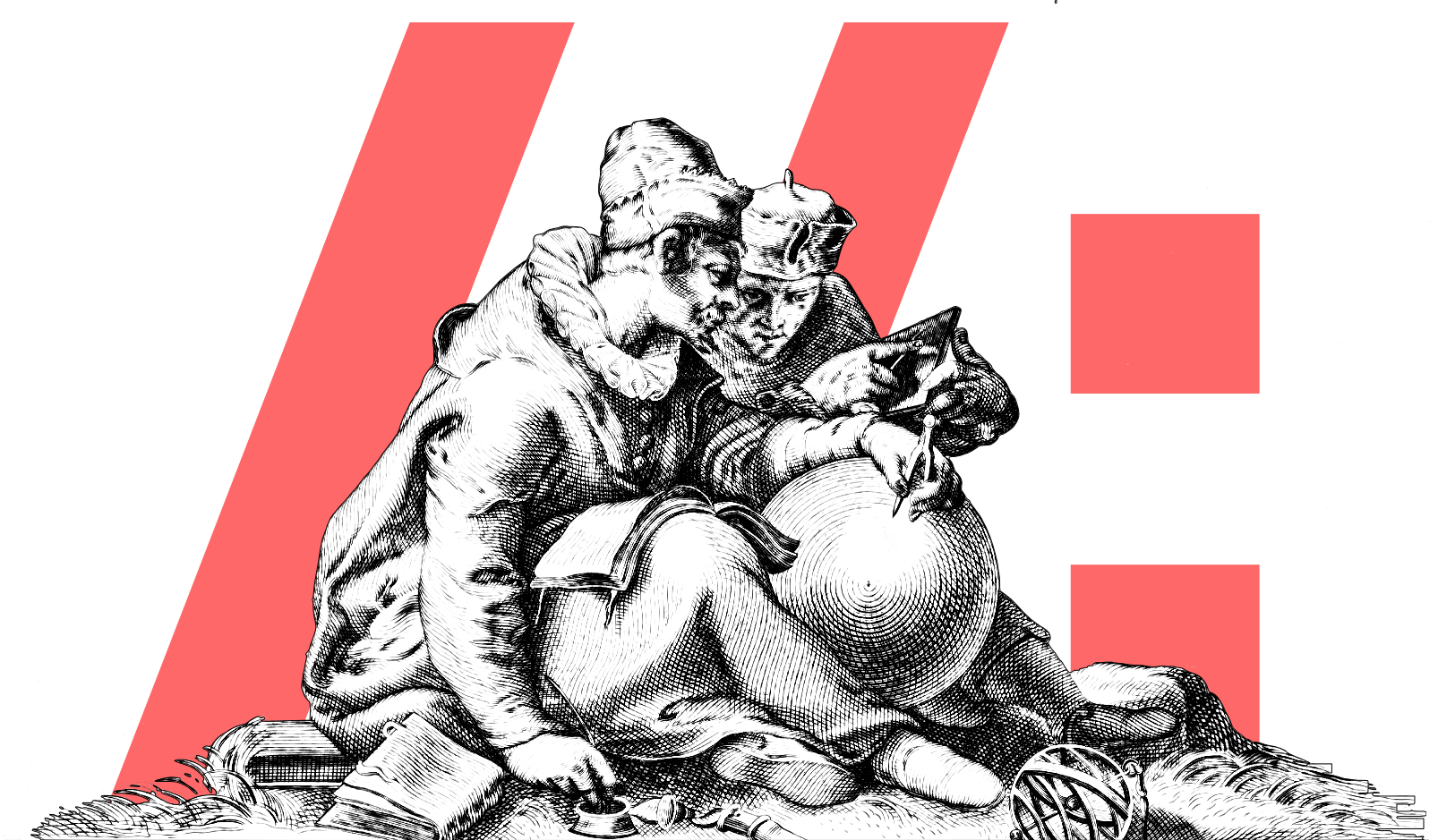 two men designing a globe with Web slash slash colon