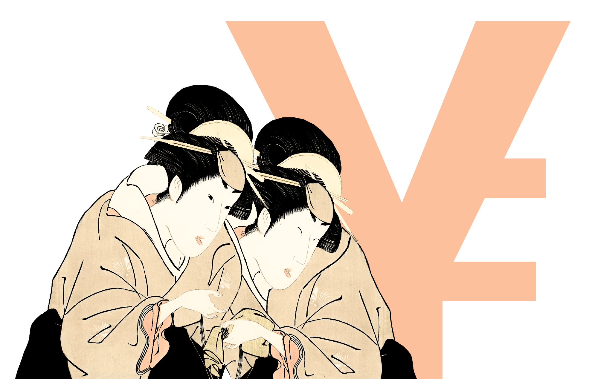 Japanese women exchanging money for information Yen sign