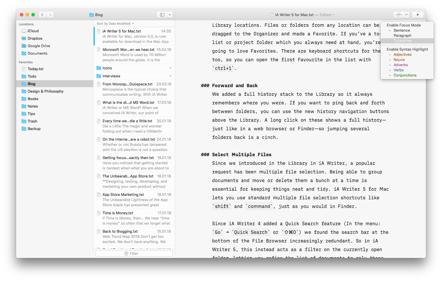 iA Writer for Mac Focus Functions