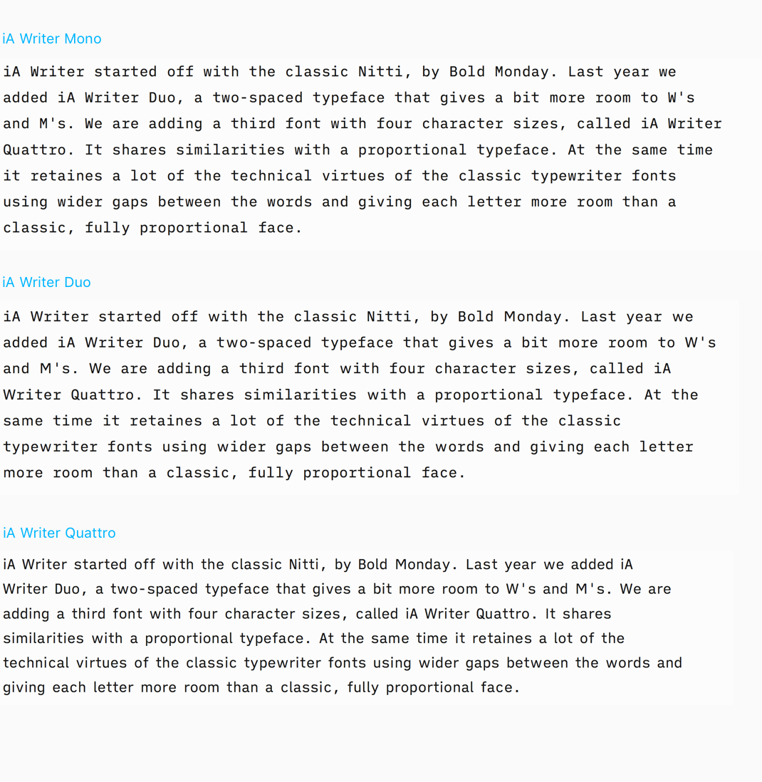 iA Writer Mono, Duo, Quattro Comparison