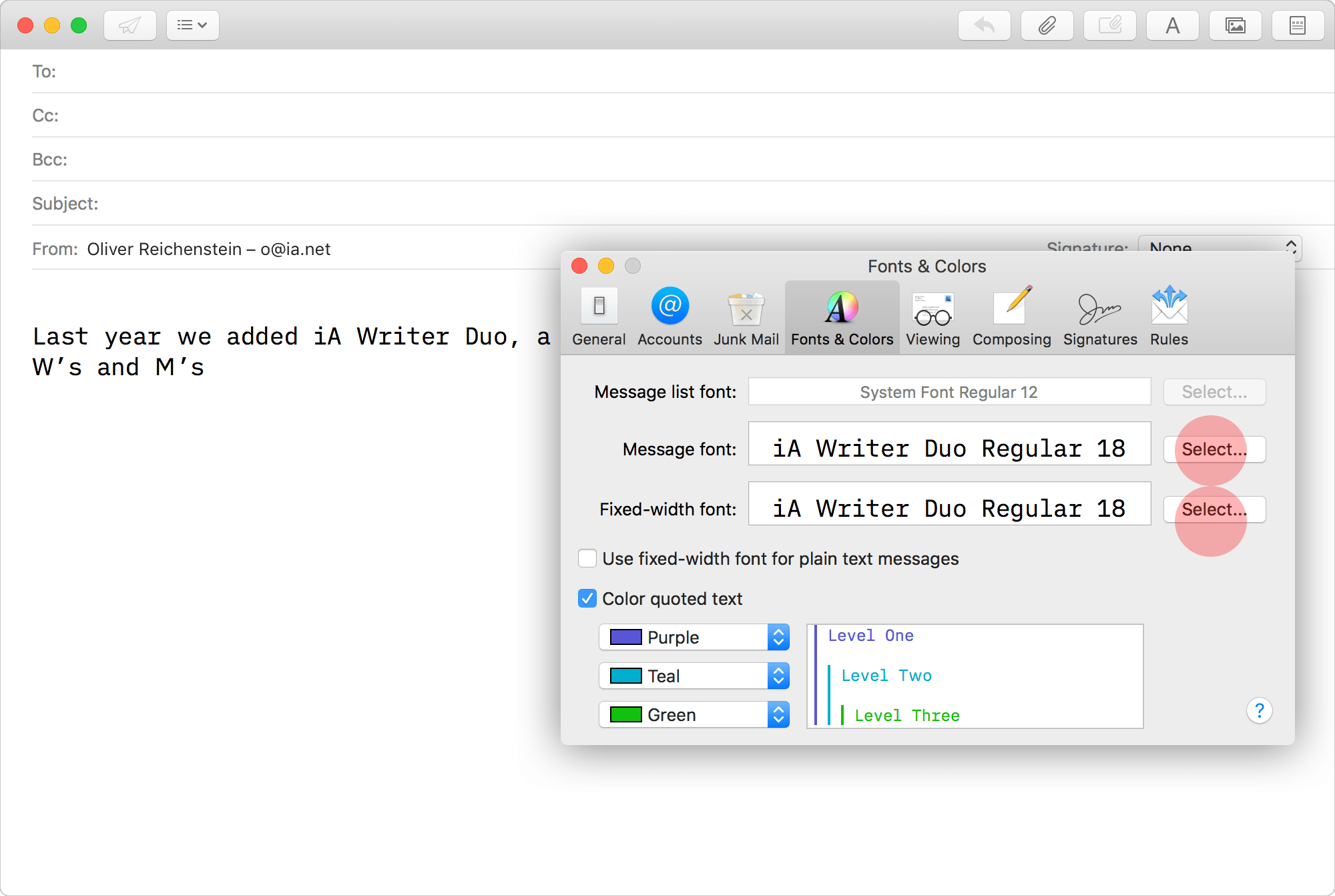 Mac Mail with Custom iA Writer Font