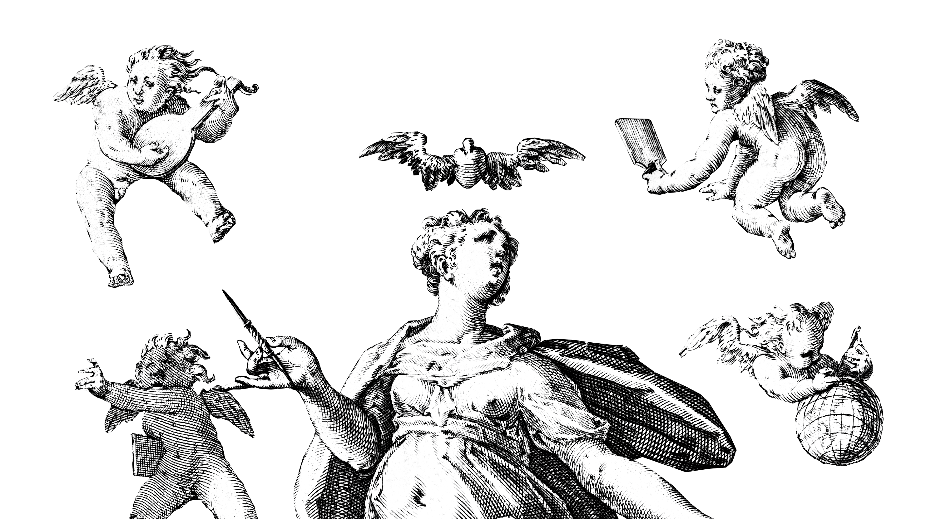 Writing woman distracted by angels