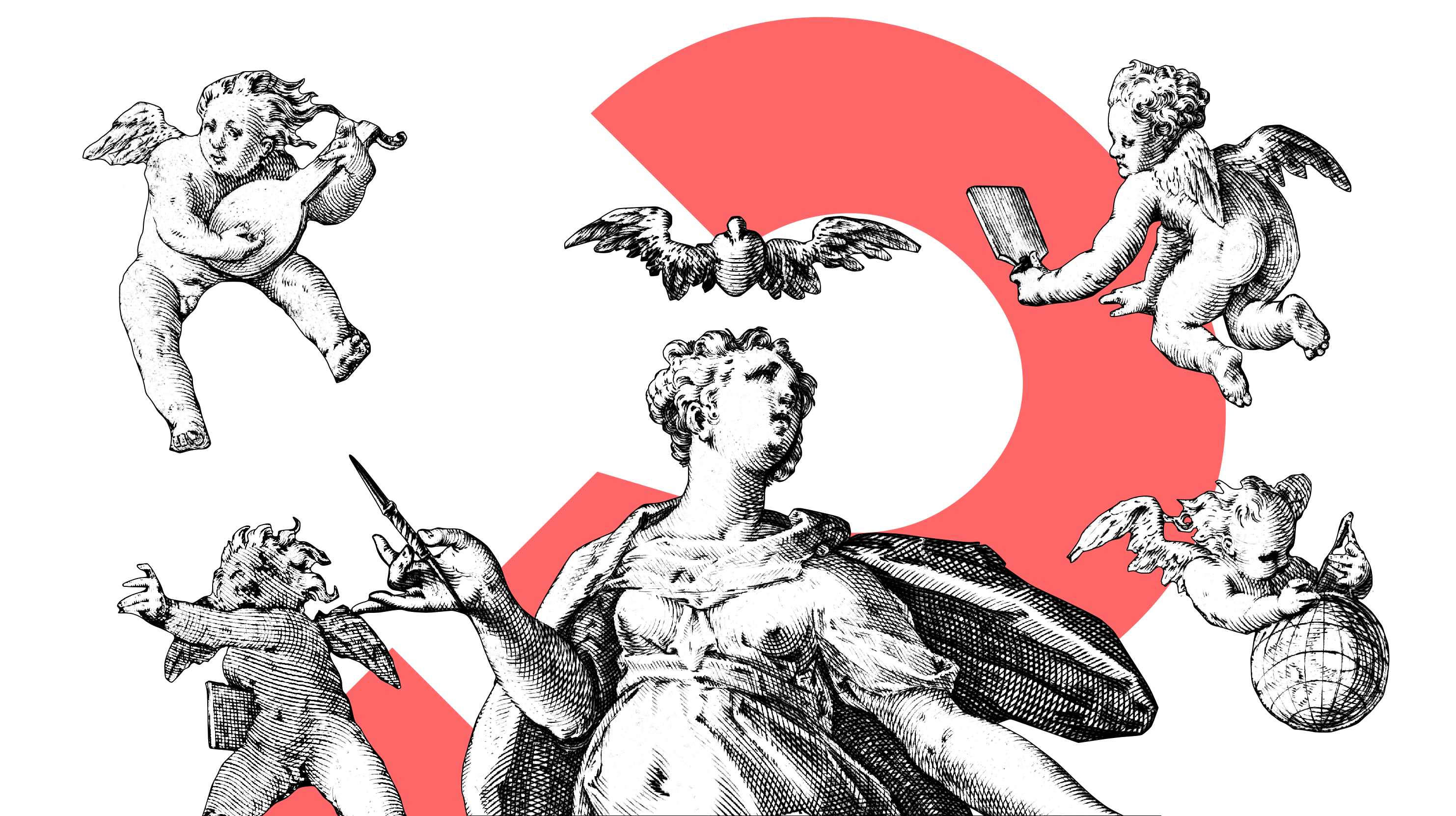 confused woman with angels and a questionmark
