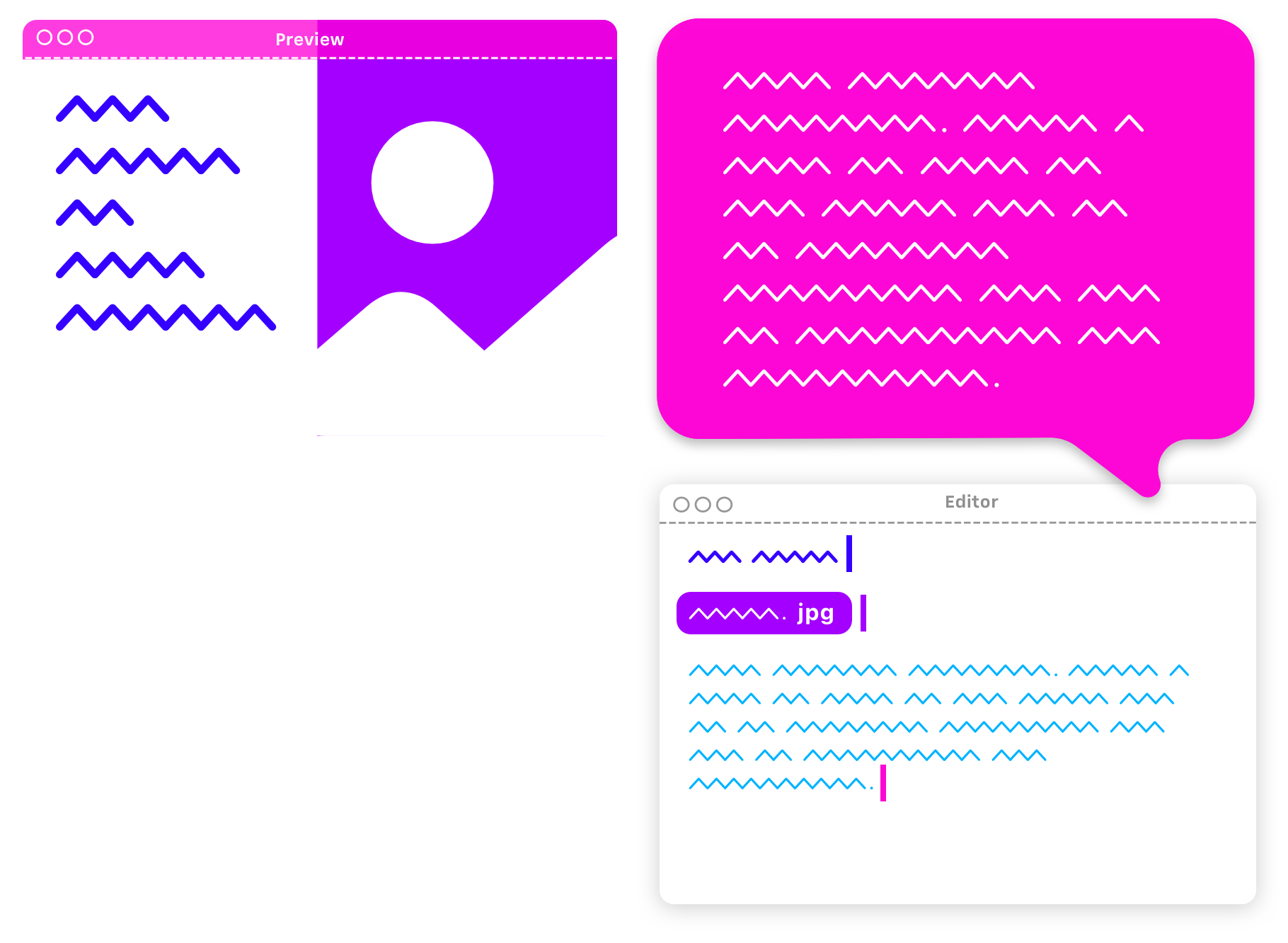 A canvas on the left featuring text and an image, while on the right, a speech bubble with text and a slide containing text and an image.