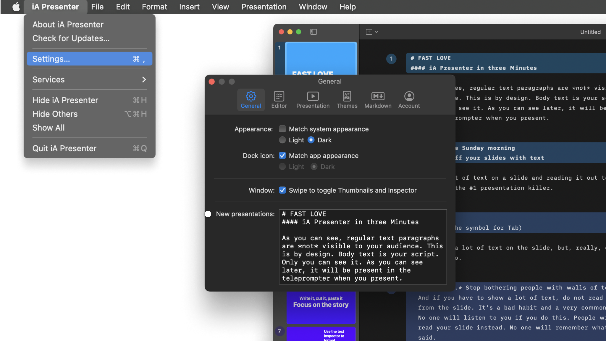 A screenshot of Presenter settings menu highlighting the option to remove the default text.