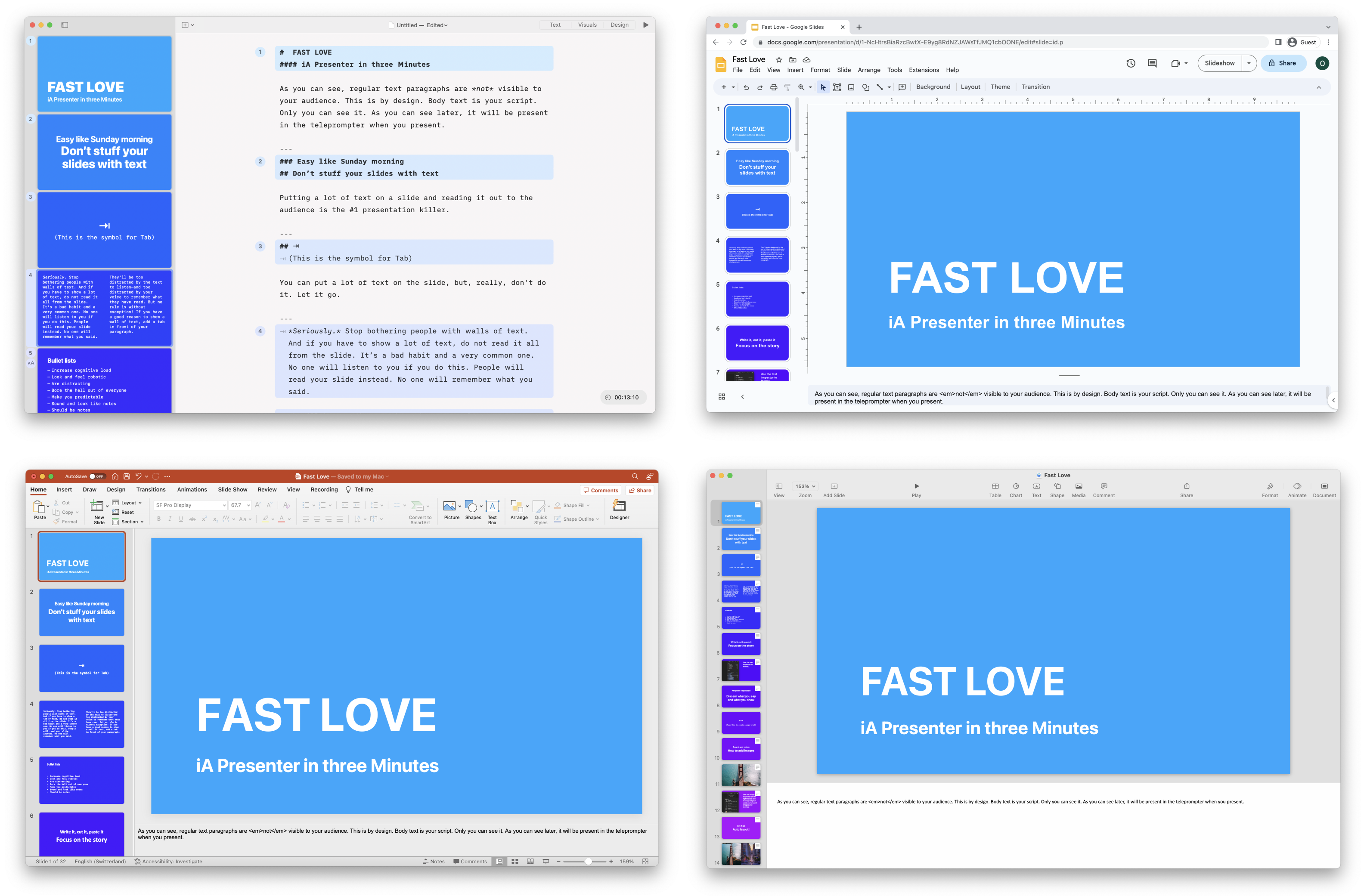 Side by side screenshots of the same presentation in iA Presenter, Google Slides, PowerPoint and Keynote.