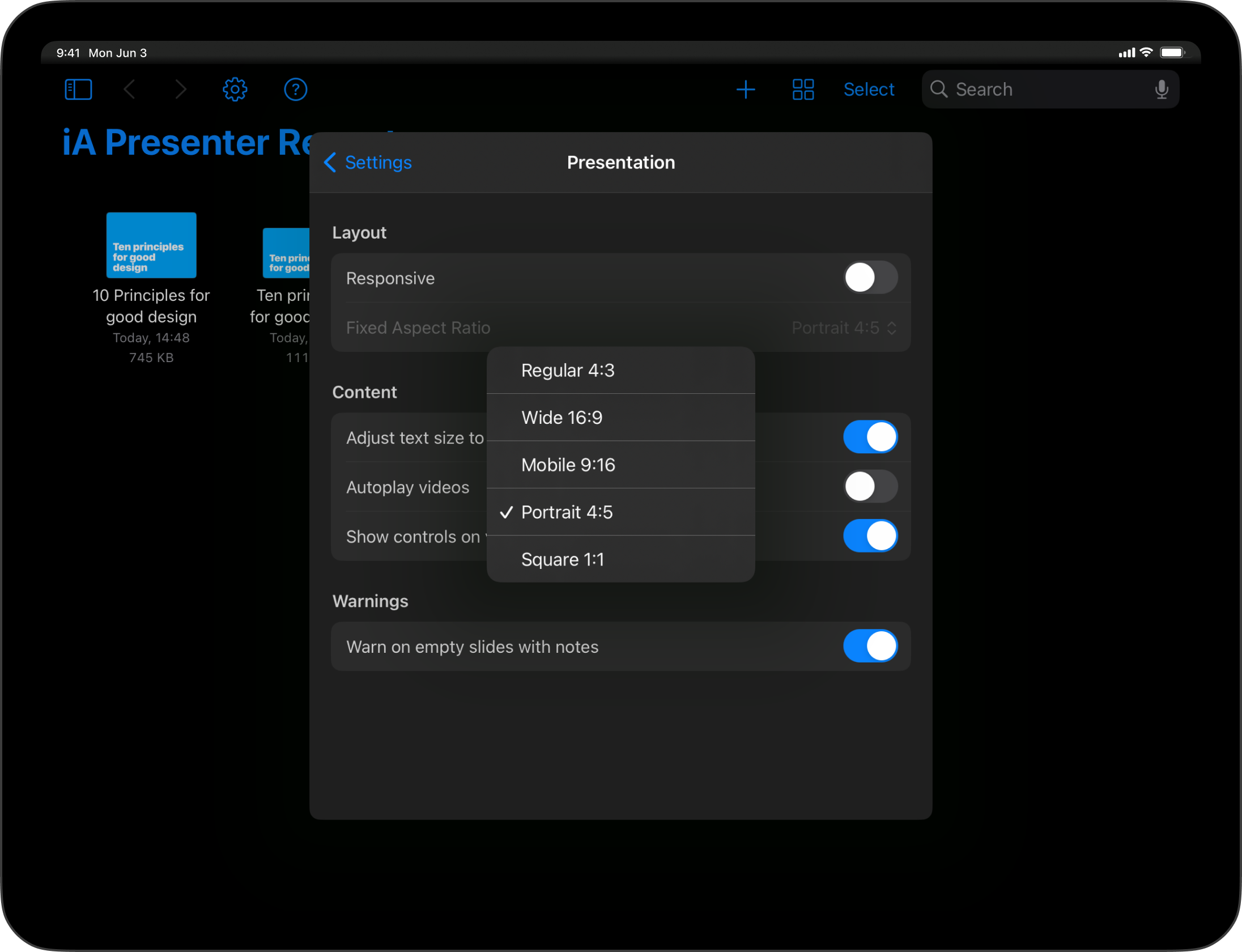 The aspect ratio options in the Presentation Settings.