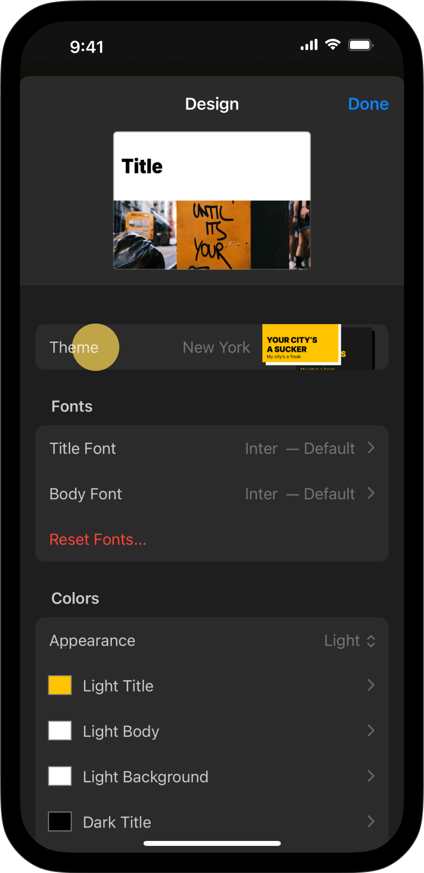 The Theme section within the Design menu.