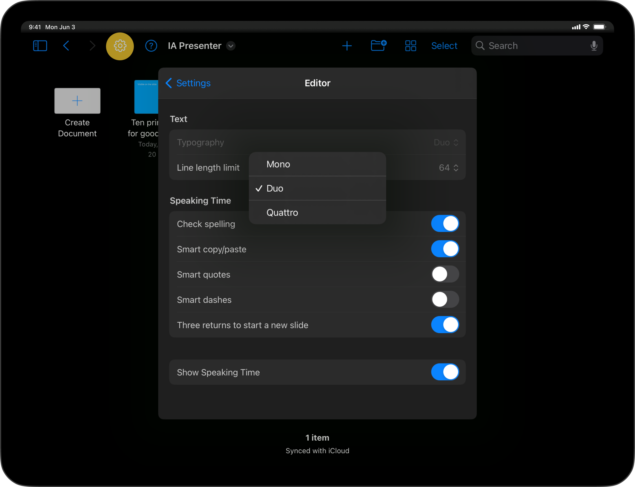 The Editor's Settings menu.