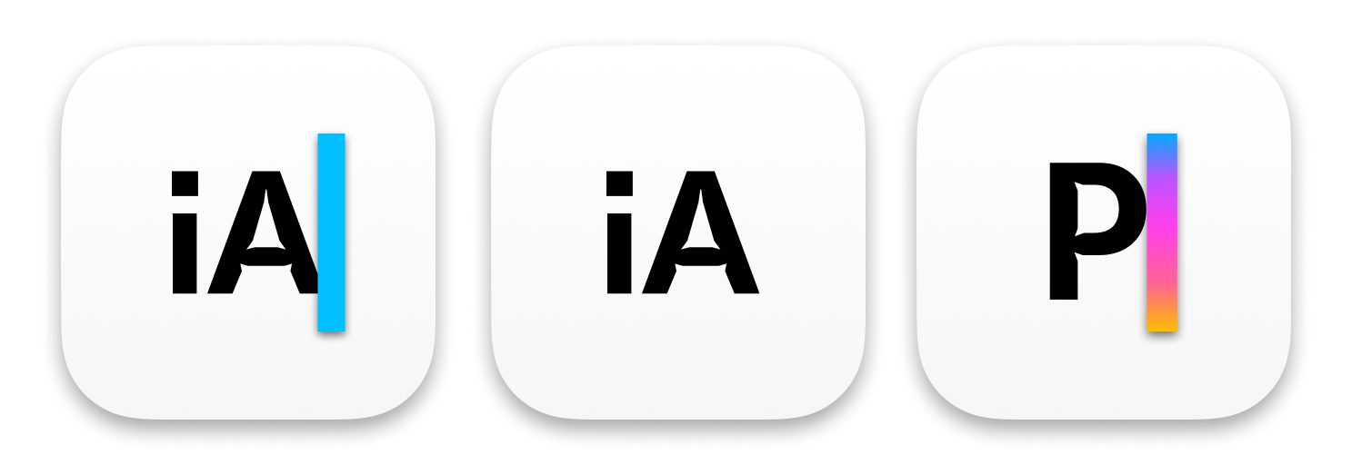 The starting point: iA Writer written as iA|, iA, and iA Presenter, written as P|