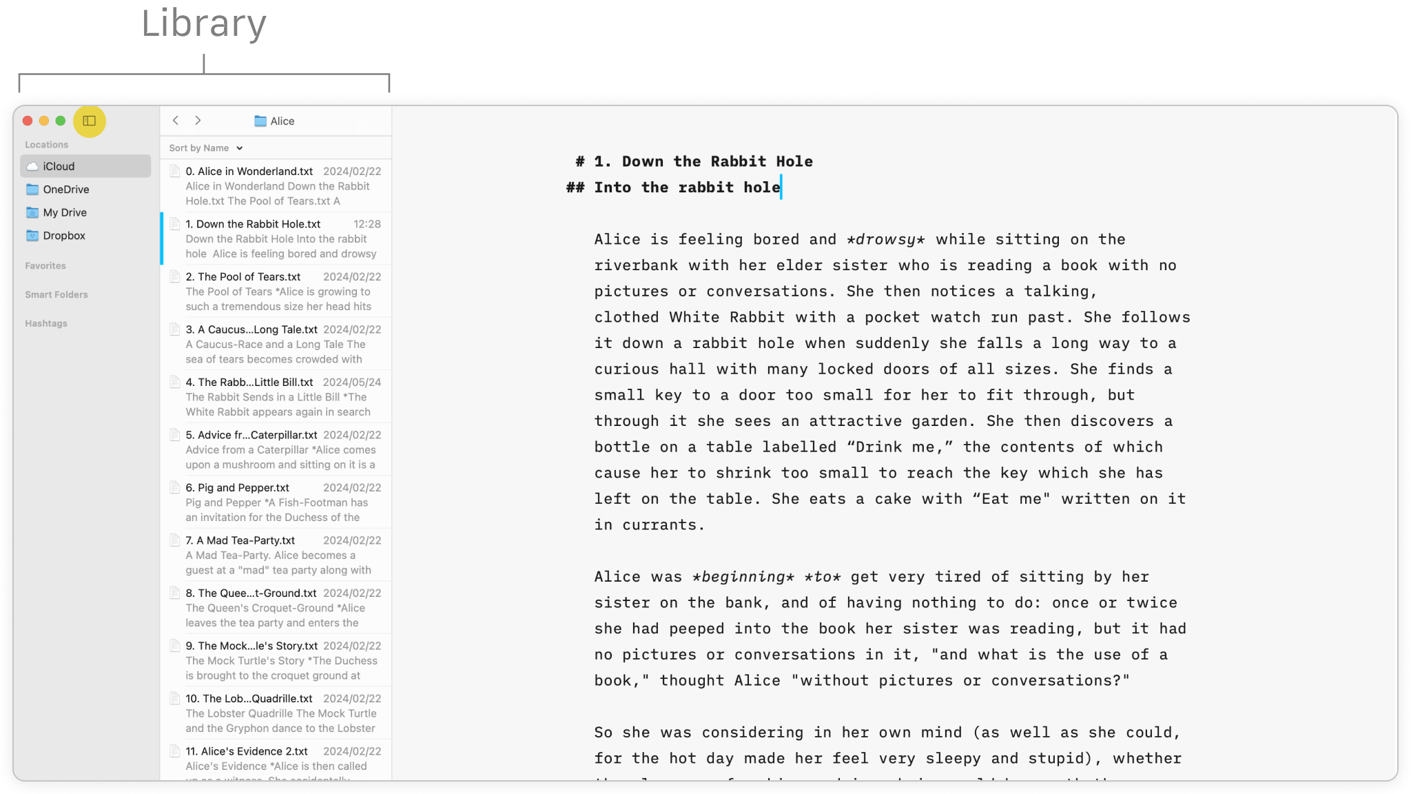 The Editor with some text inside as a placeholder open in full-screen. The Library is to the left with the Organizer in grey and the File List in white.