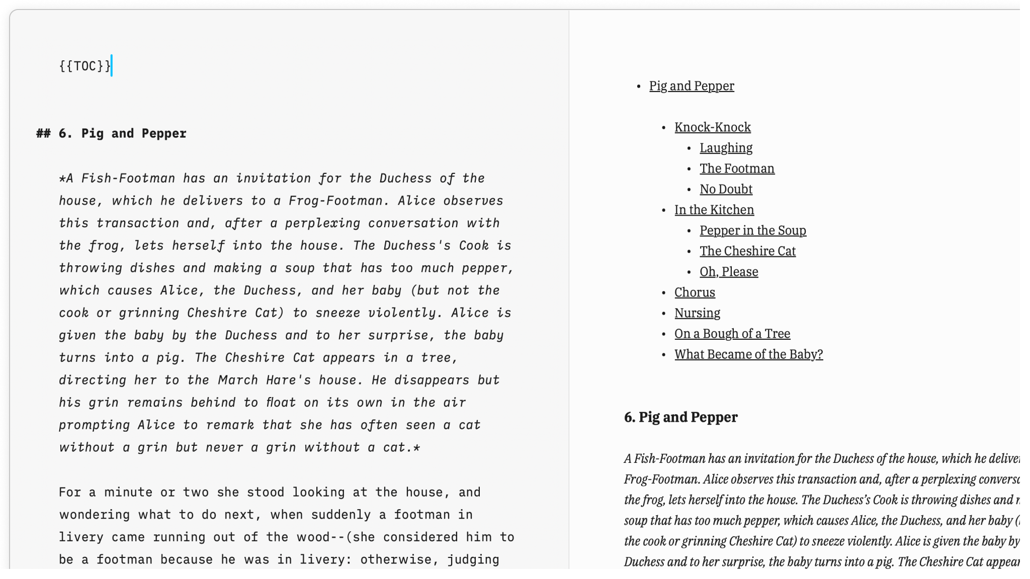 The Editor and Preview opened side by side to show the rendering of the TOC Markdown formatting.