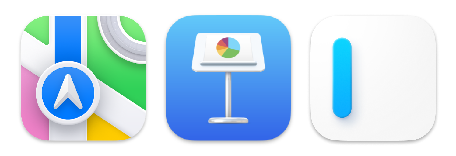 macOS icons have more detail, more shadows, more 3d, exemplified with Apple Maps, Keynote and iA Writer