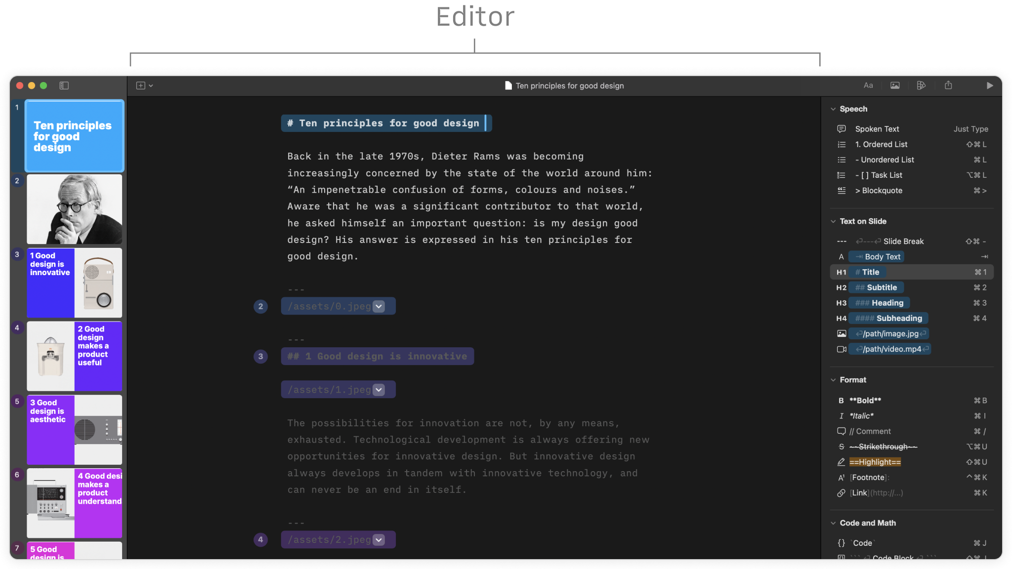 The Editor interface with the Editor in the center containing a placeholder presentation.