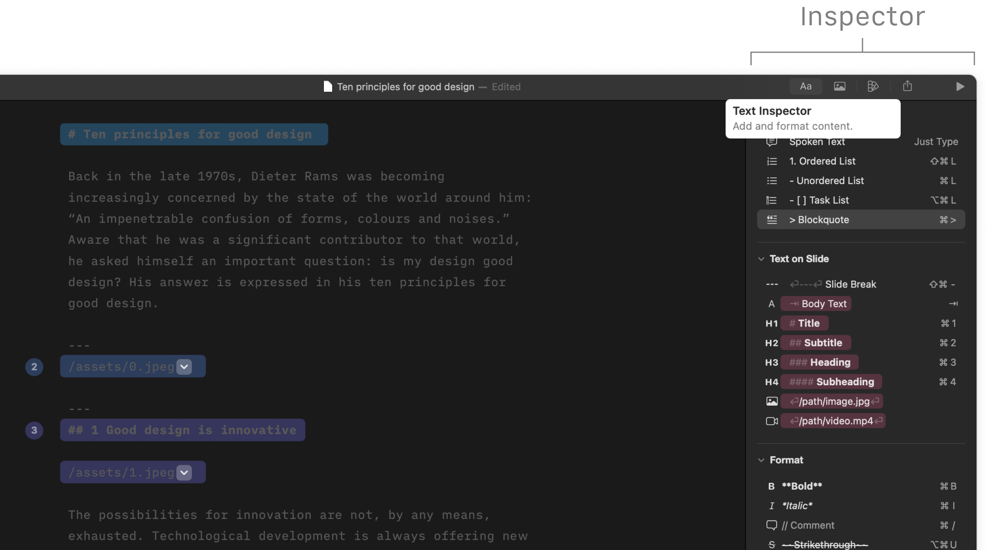 The Text tab with formatting options in the Inspector on the right side of the Editor.