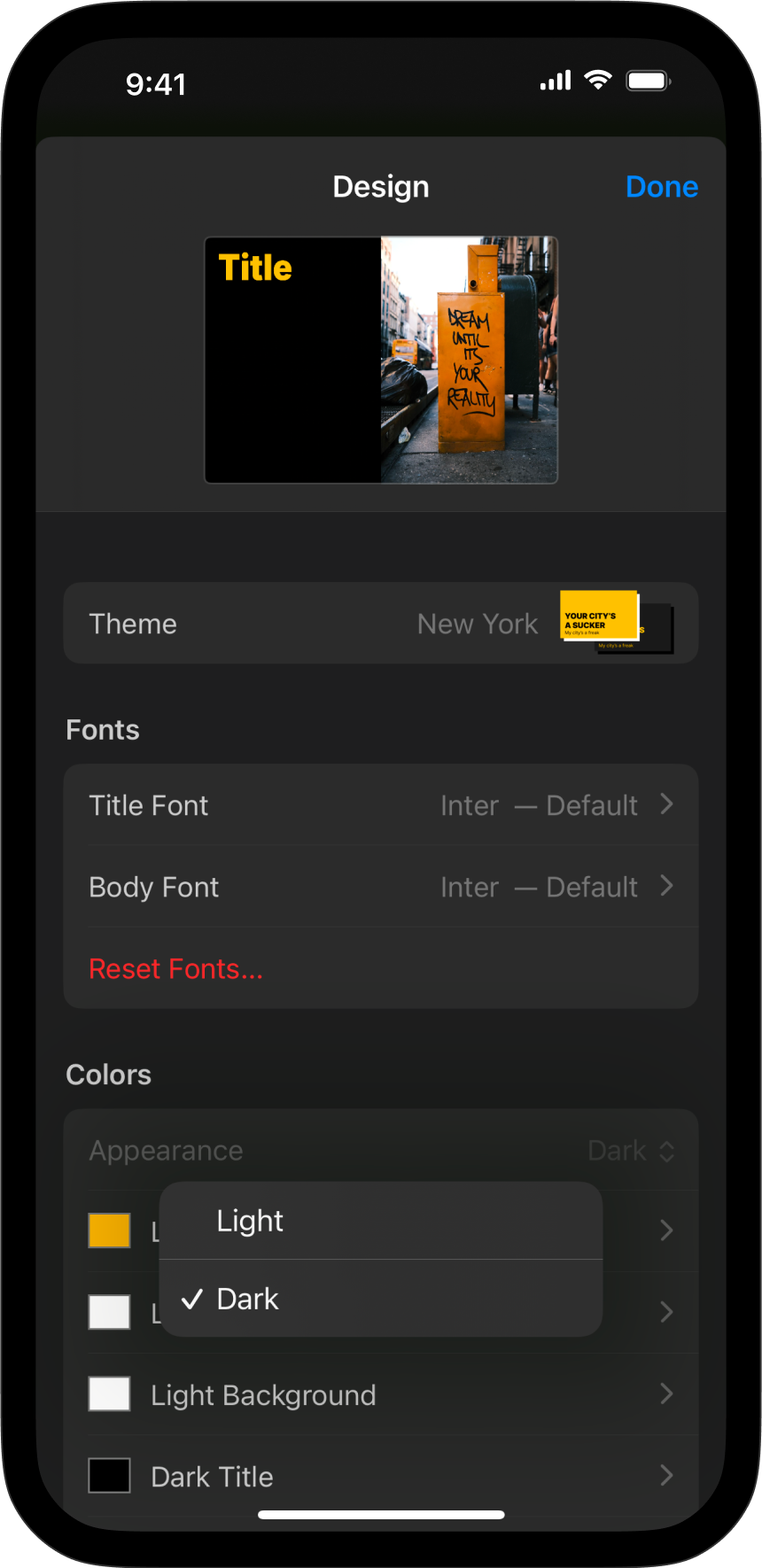 Change the theme to dark mode in the Design sheet.