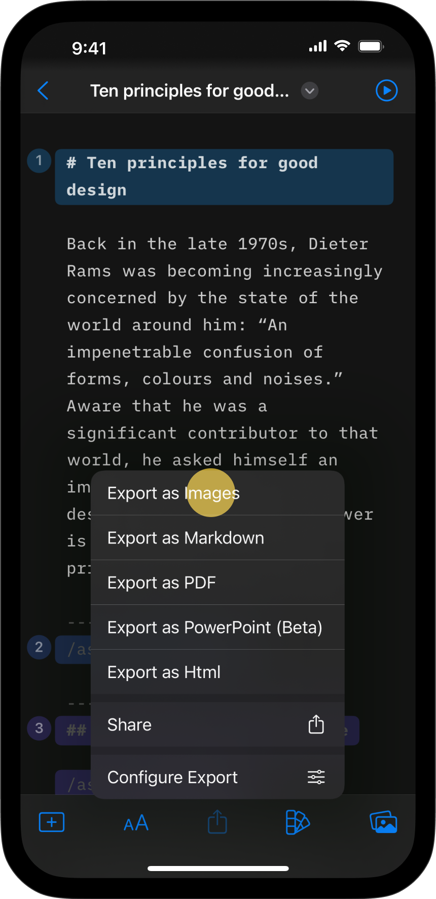 Export as images from the iOS sharing button.