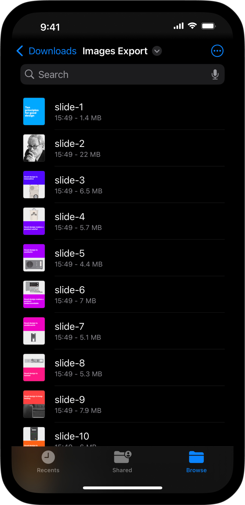 How the images export renders in iOS Files.