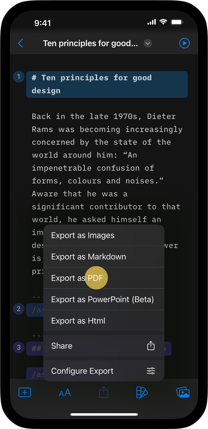 Export as a PDF file from the iOS sharing button.