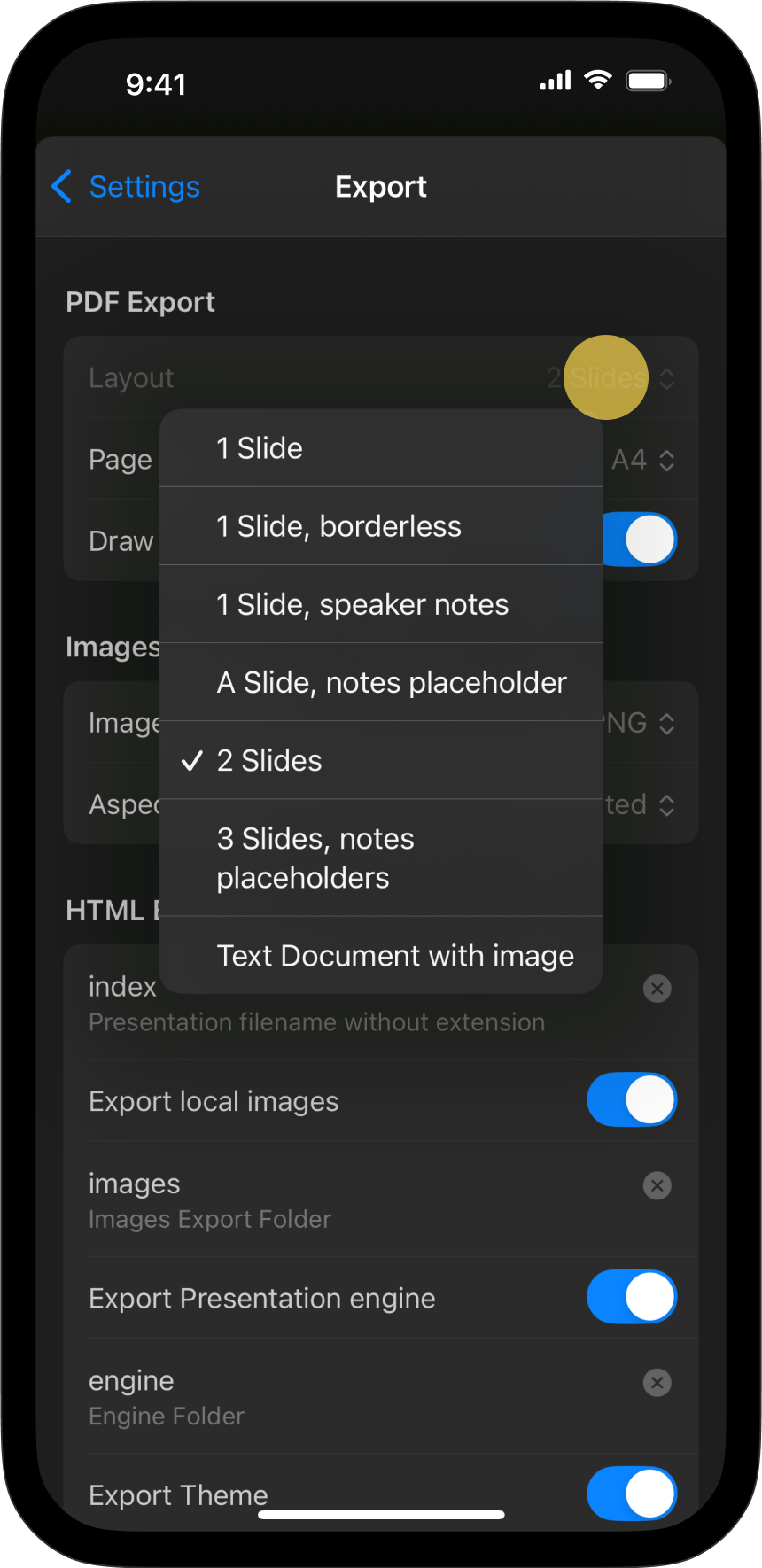 PDF export options from the Settings.