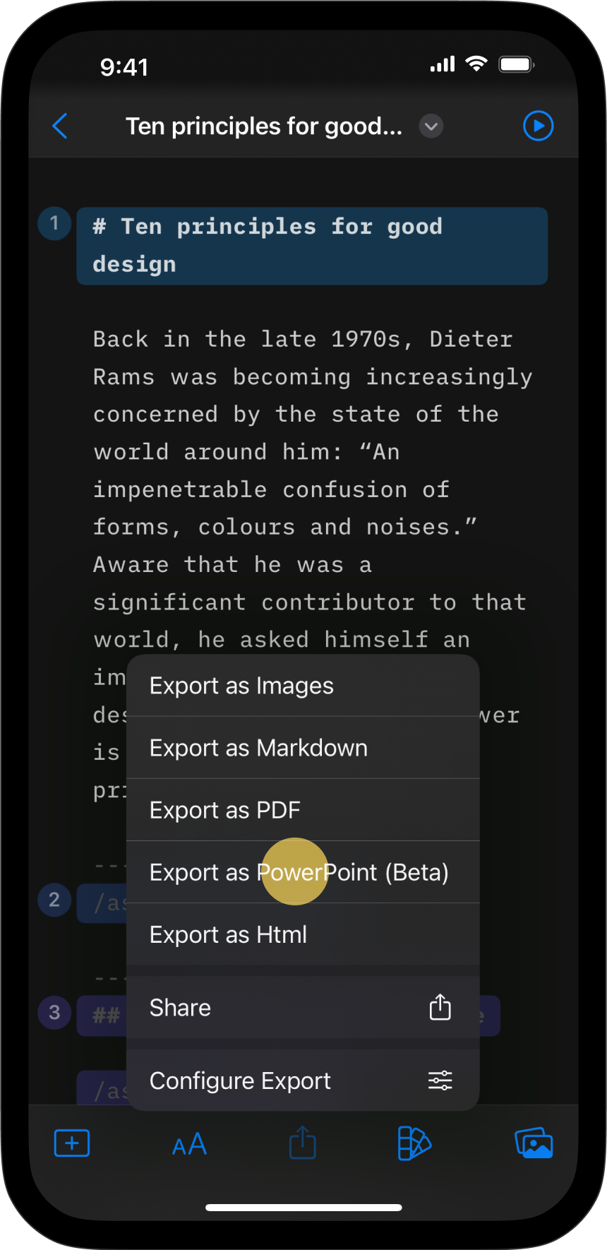 Export as a PPT file from the iOS sharing button.