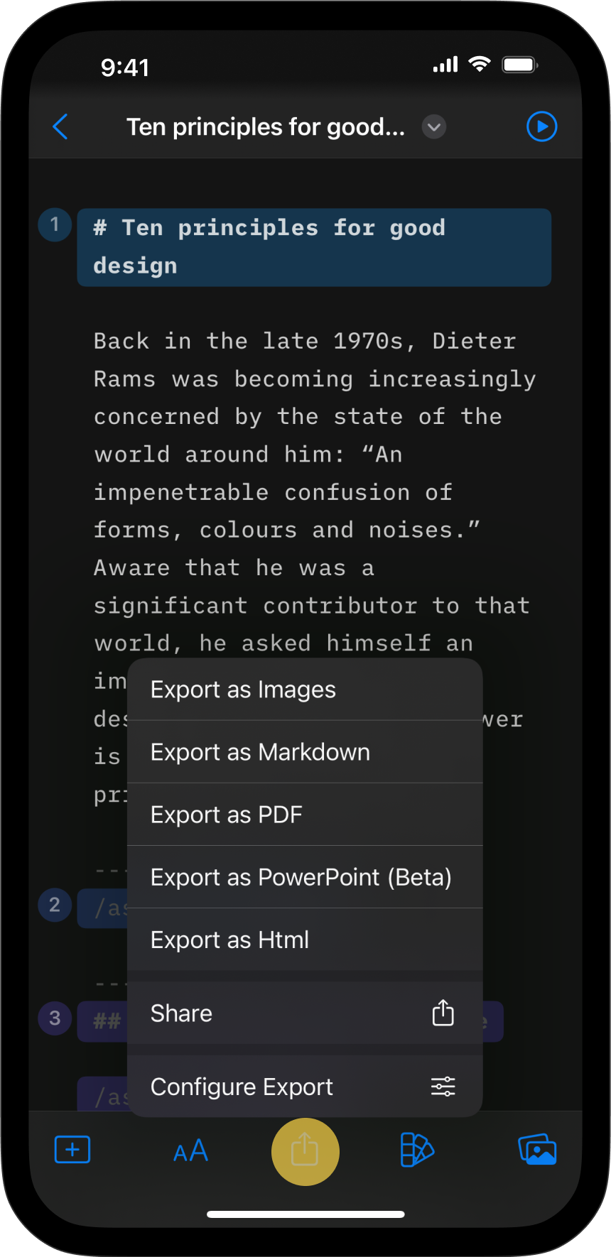 Export options from the iOS sharing button.