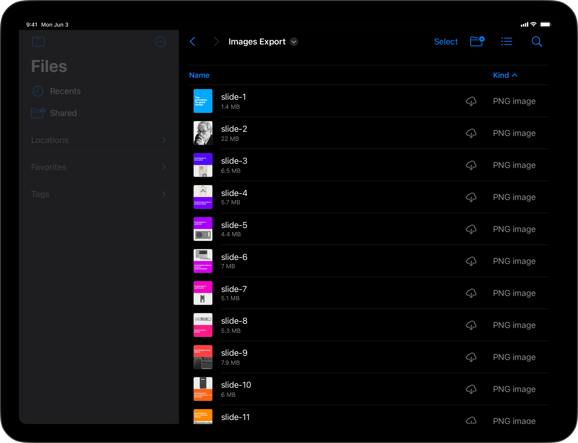 Slides exported as images in the iOS Files.