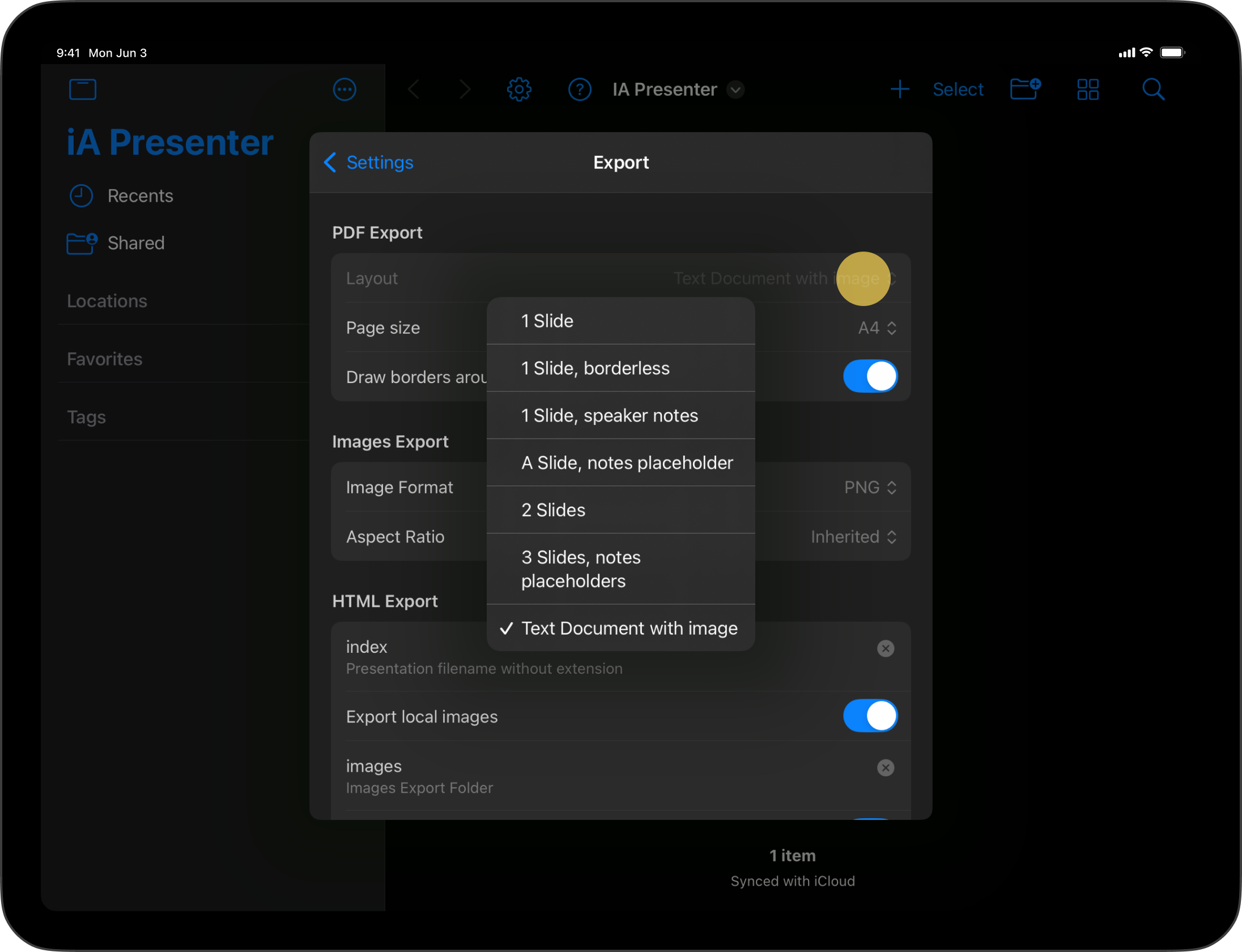 PDF export options from the Settings.