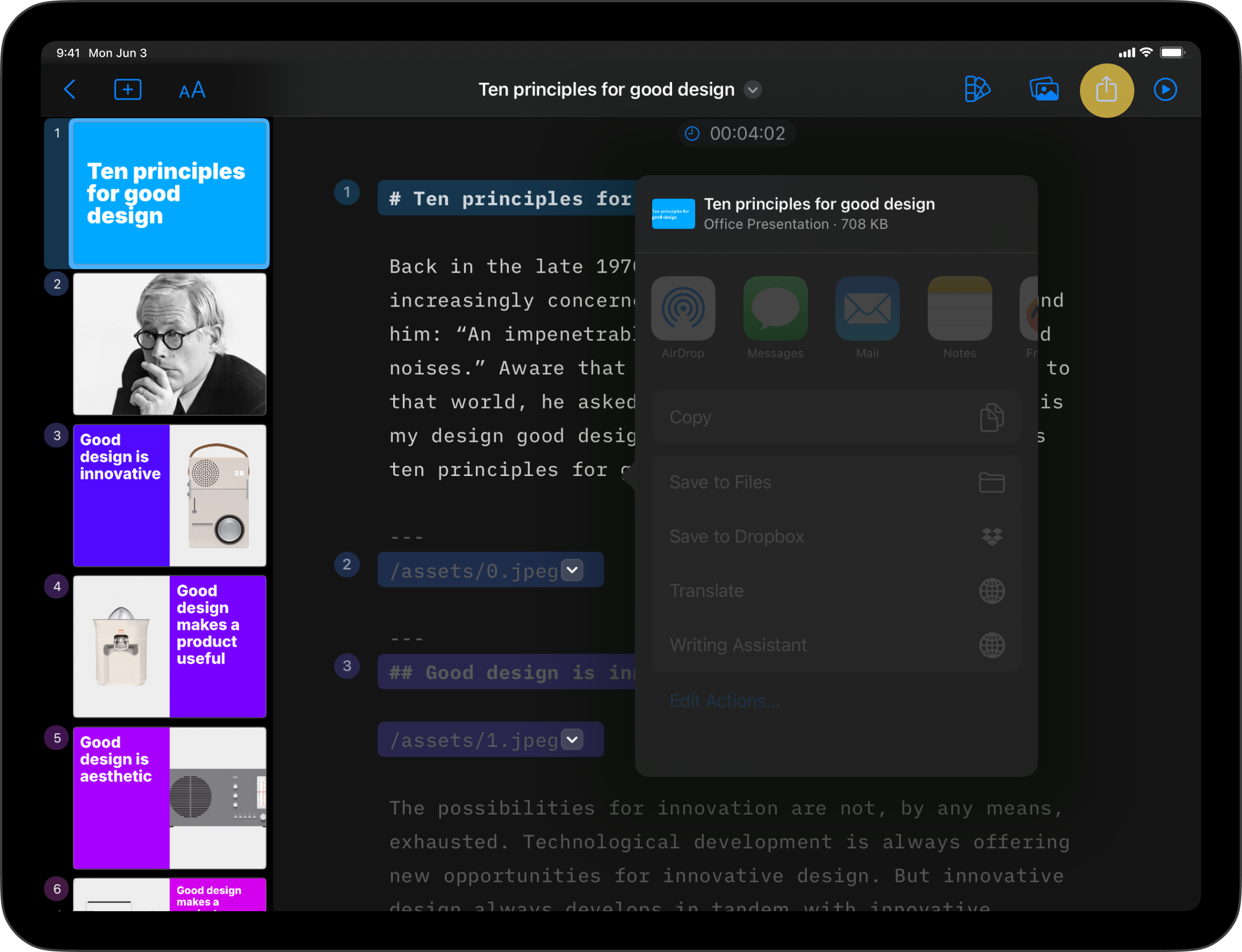 The iOS share sheet ready for exporting as a PPT file.