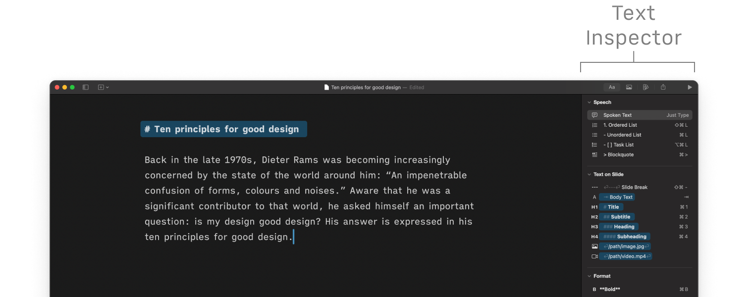 A screenshot of Presenter's Editor with the Text Inspector panel open.