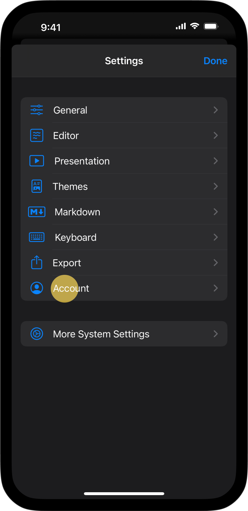 The Settings menu, with Accounts tab highlighted