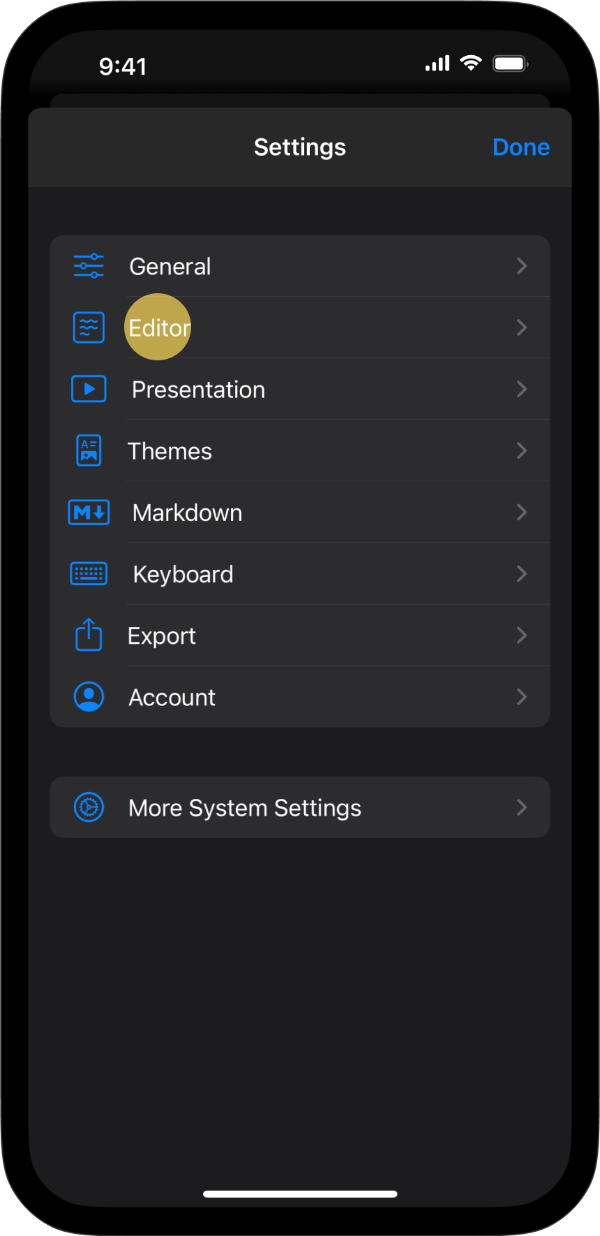 The Settings menu, with Editor tab highlighted