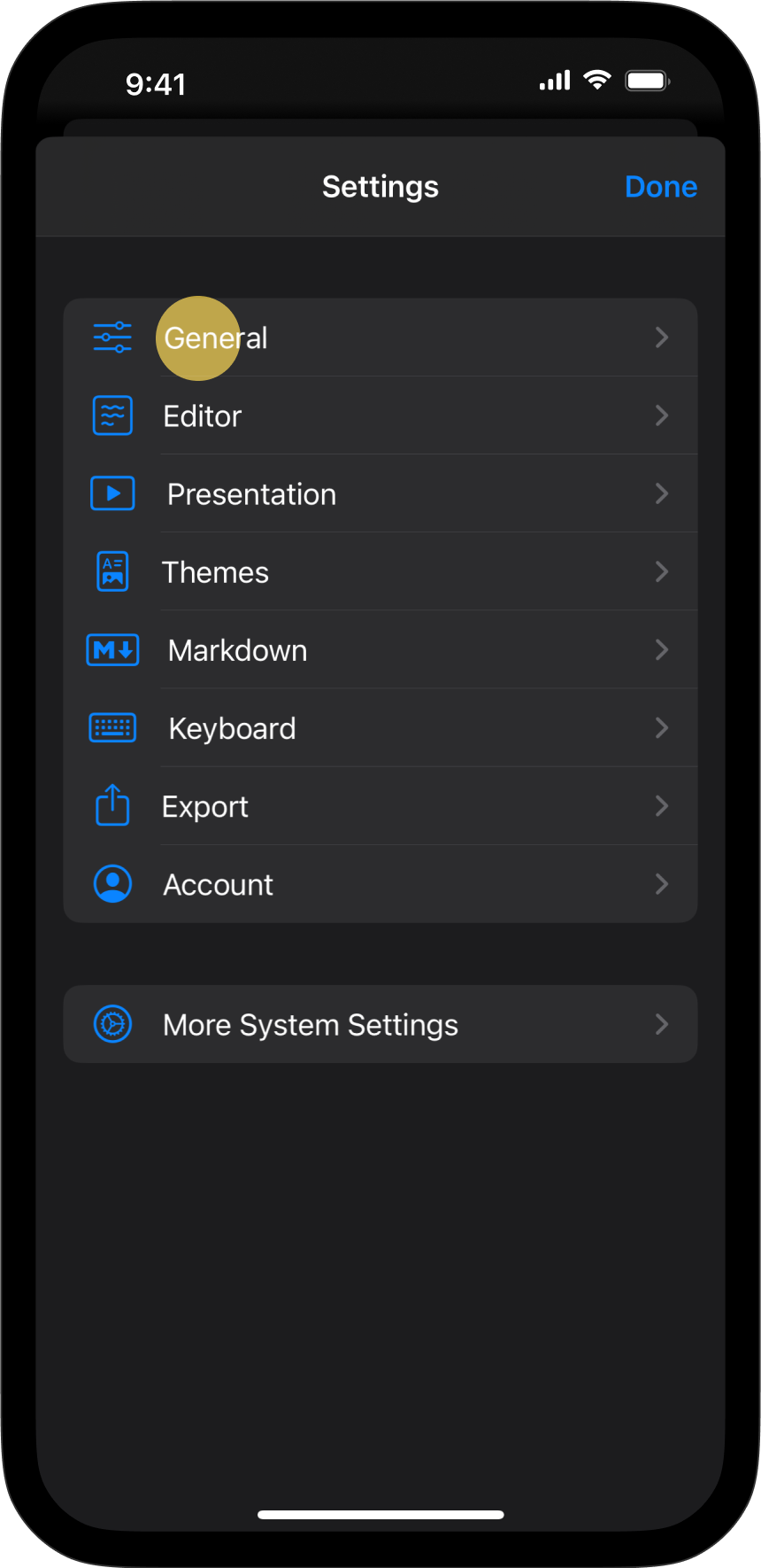 The Settings menu, with General tab highlighted