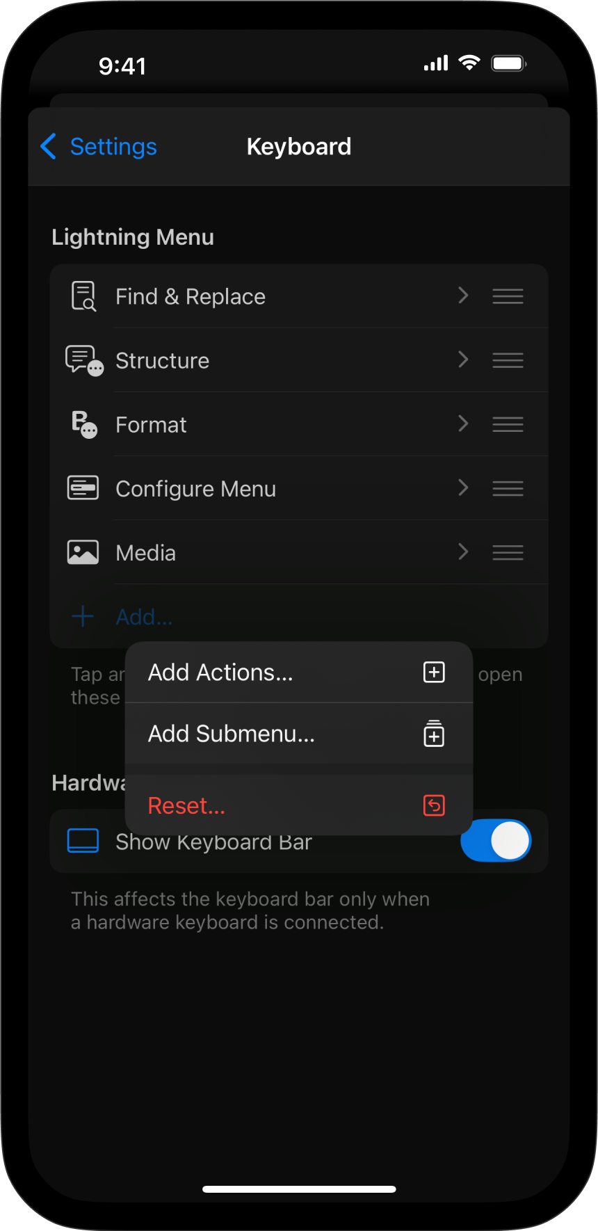 Details of the Keyboard menu