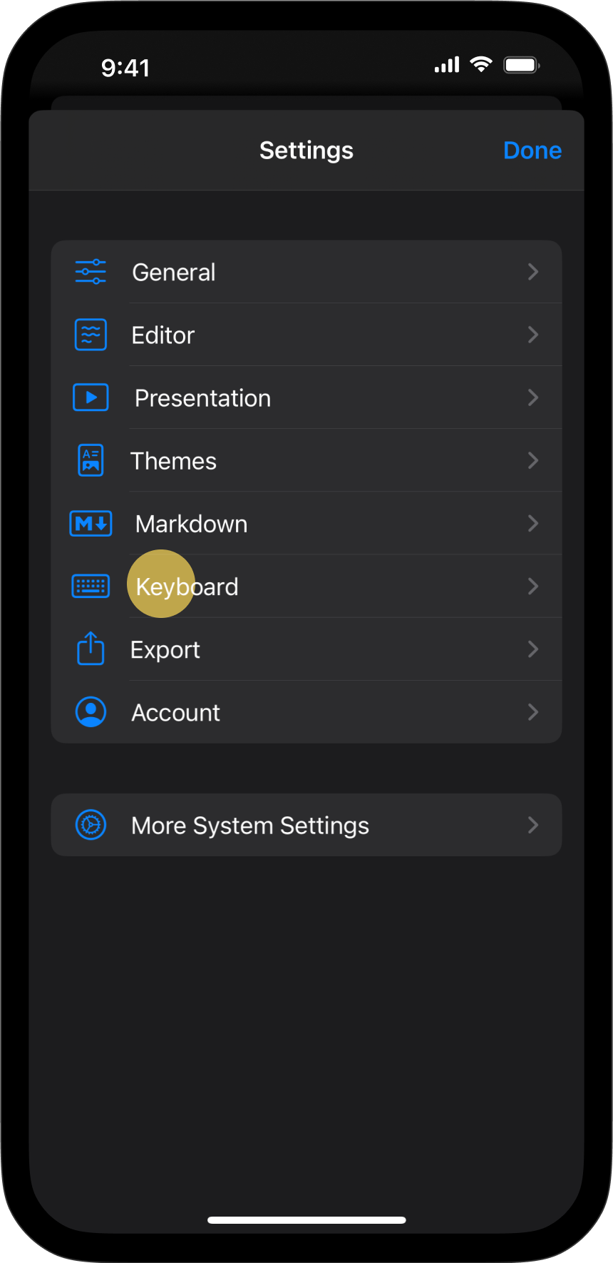 The Settings menu, with Keyboard tab highlighted