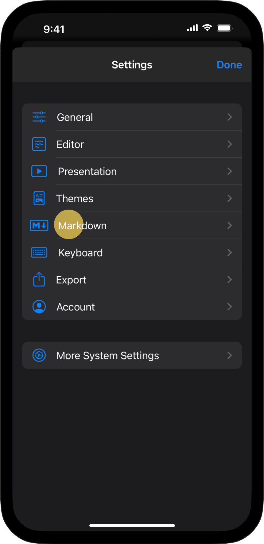 The Settings menu, with Markdown tab highlighted