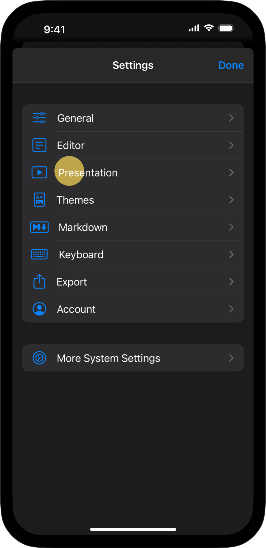 The Settings menu, with Presentation tab highlighted