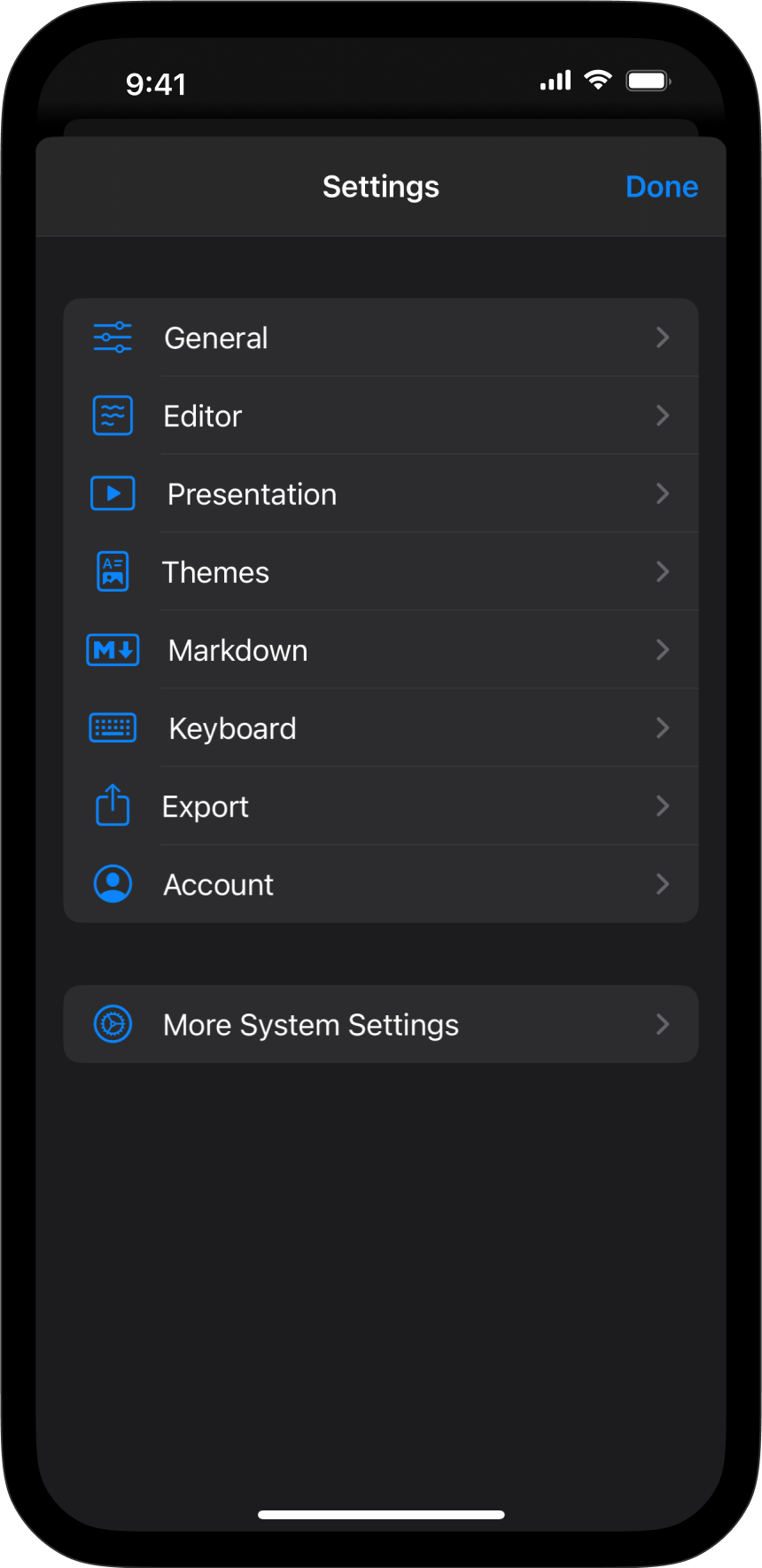 The main menu of the Settings in Presenter for iOS