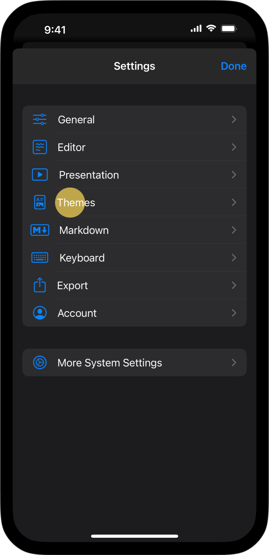 The Settings menu, with Themes tab highlighted