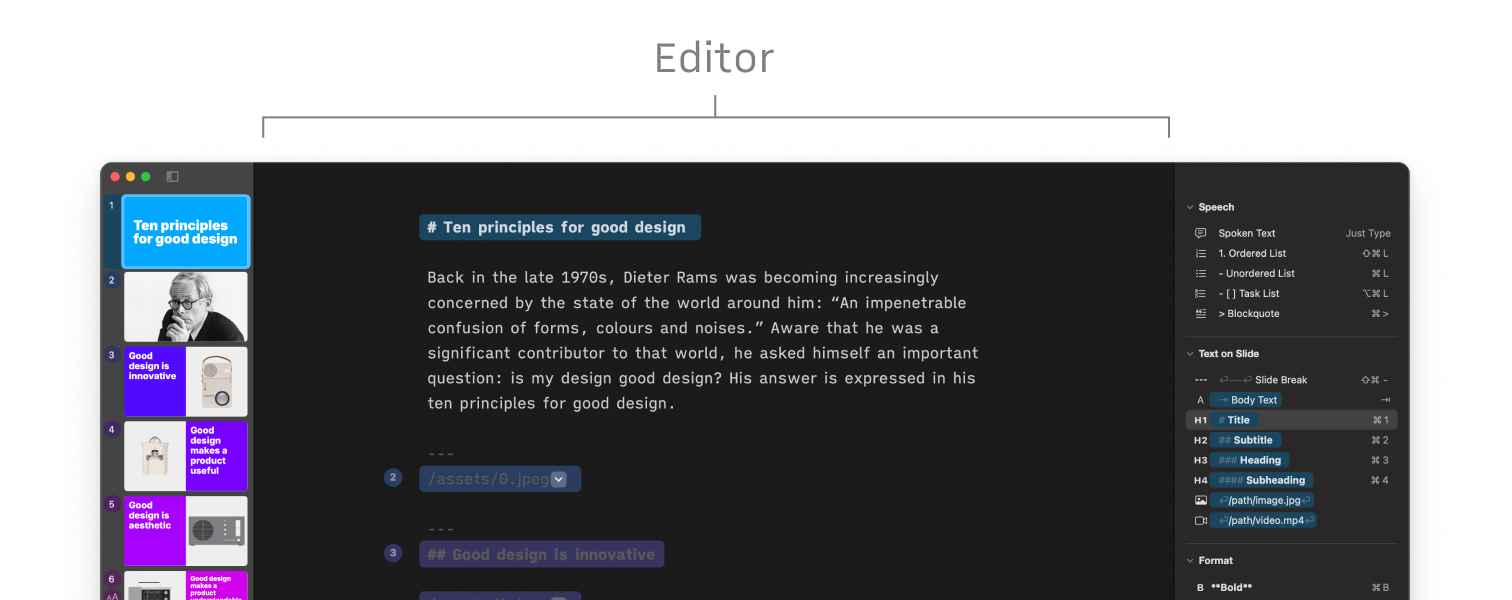 A screenshot of the Editor in iA Presenter.