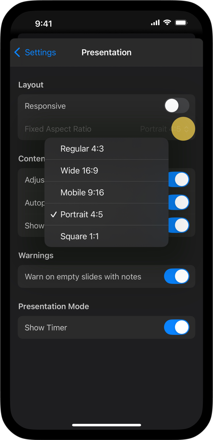 The aspect ratio options in the Presentation Settings.