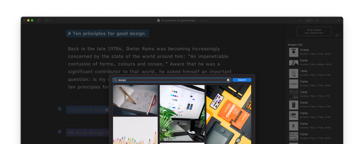 A screenshot of the Editor with the Unsplash image integration window open.