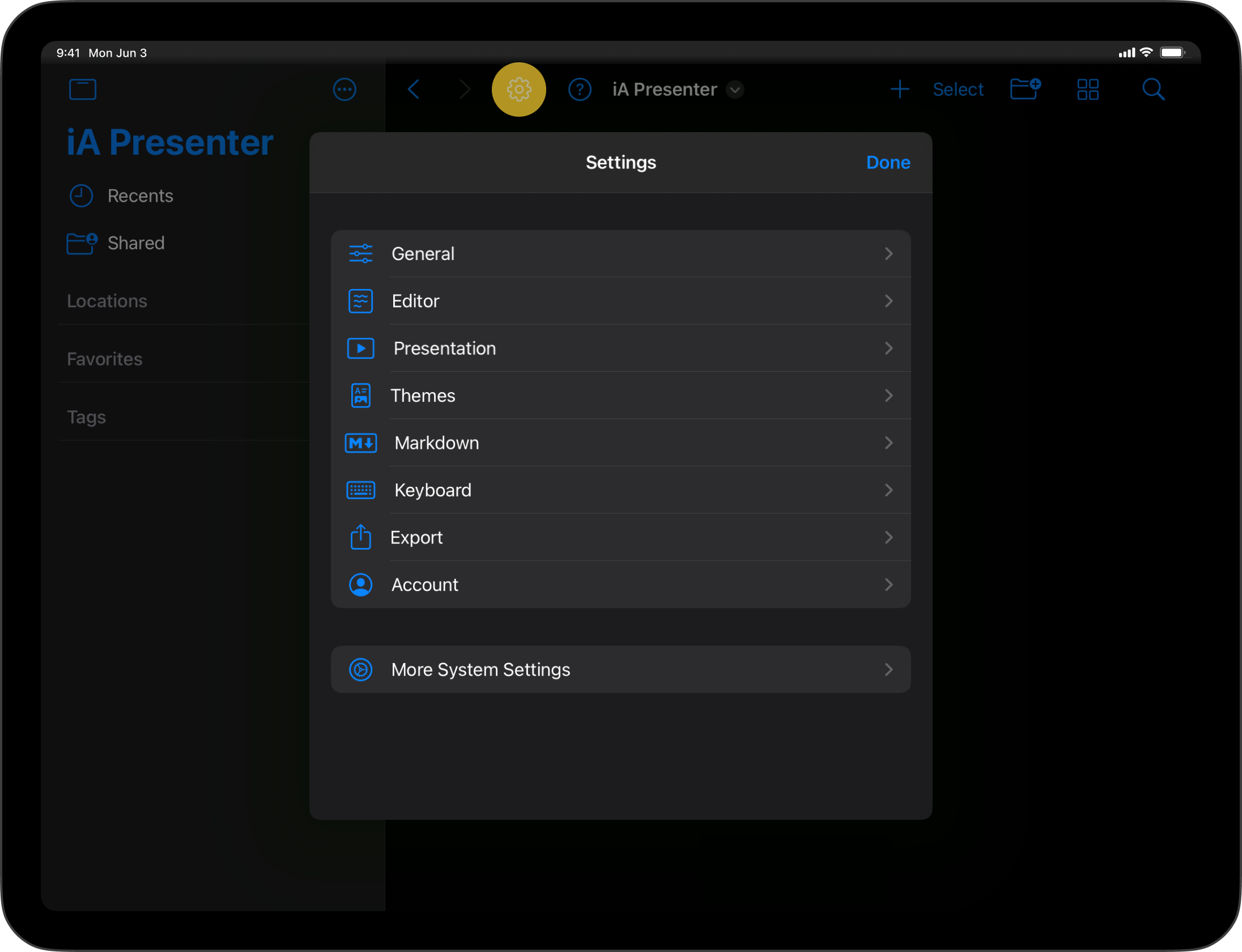 Screenshot showing how to access Settings in Presenter on iPadOS.