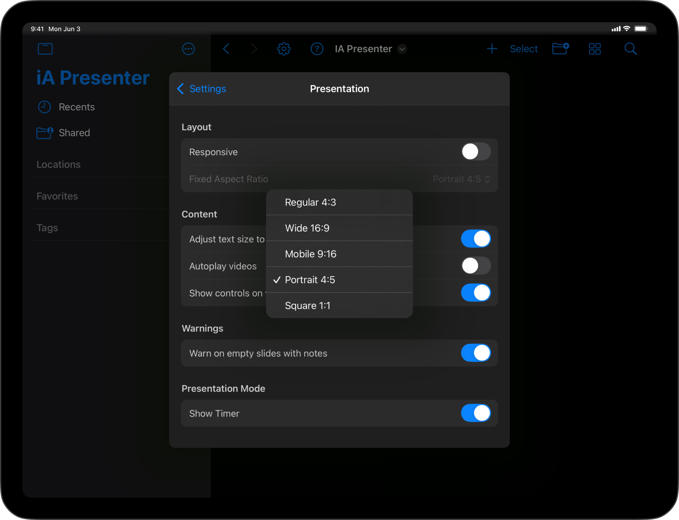 Screenshot of aspect ratio options in the Presentation Settings.