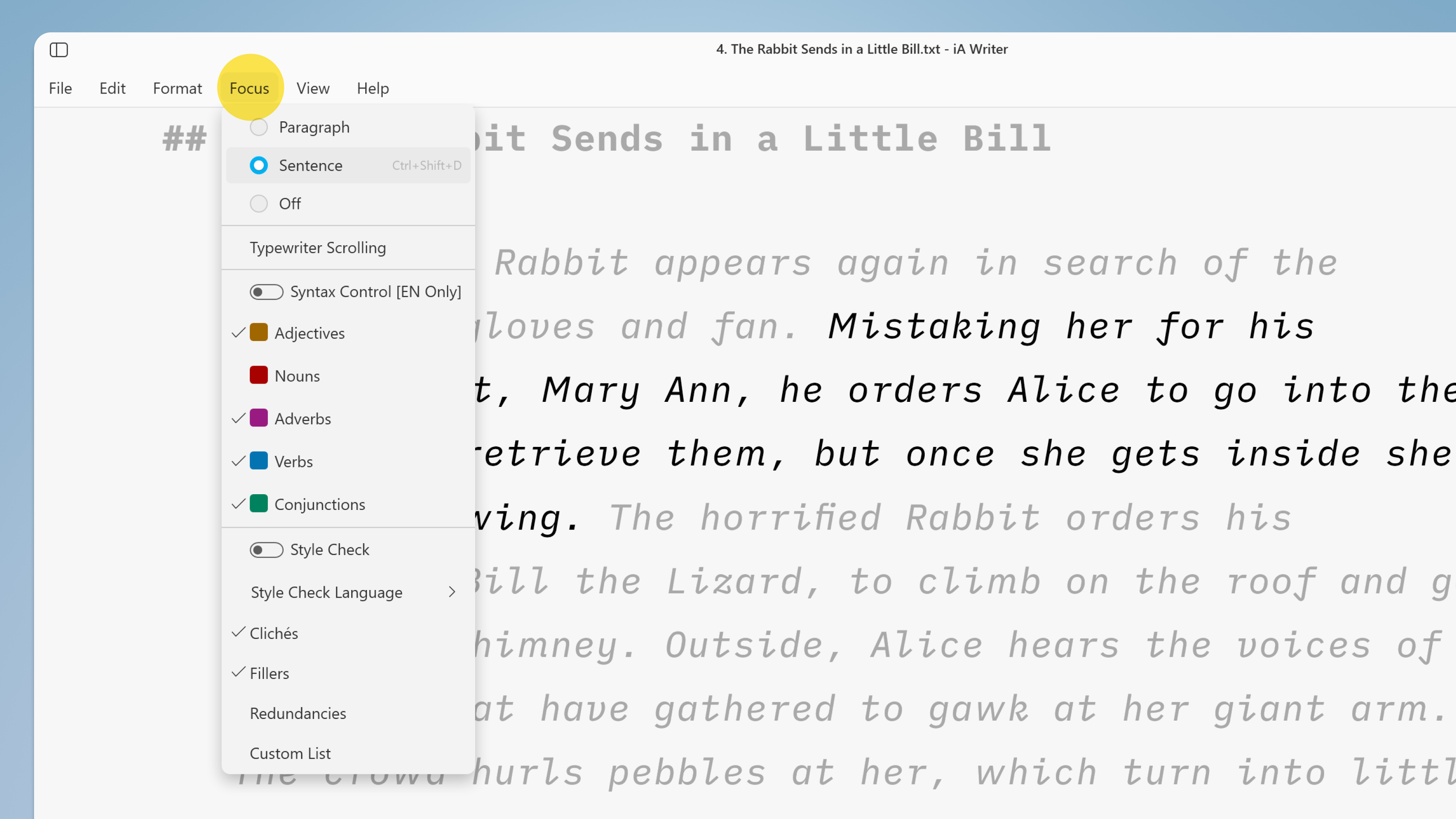 iA Writer for Windows focus mode 