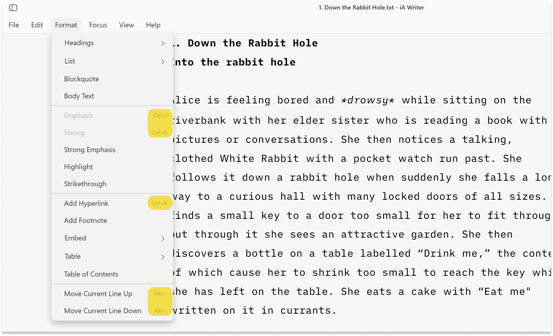 iA Writer for Windows keyboard shortcuts