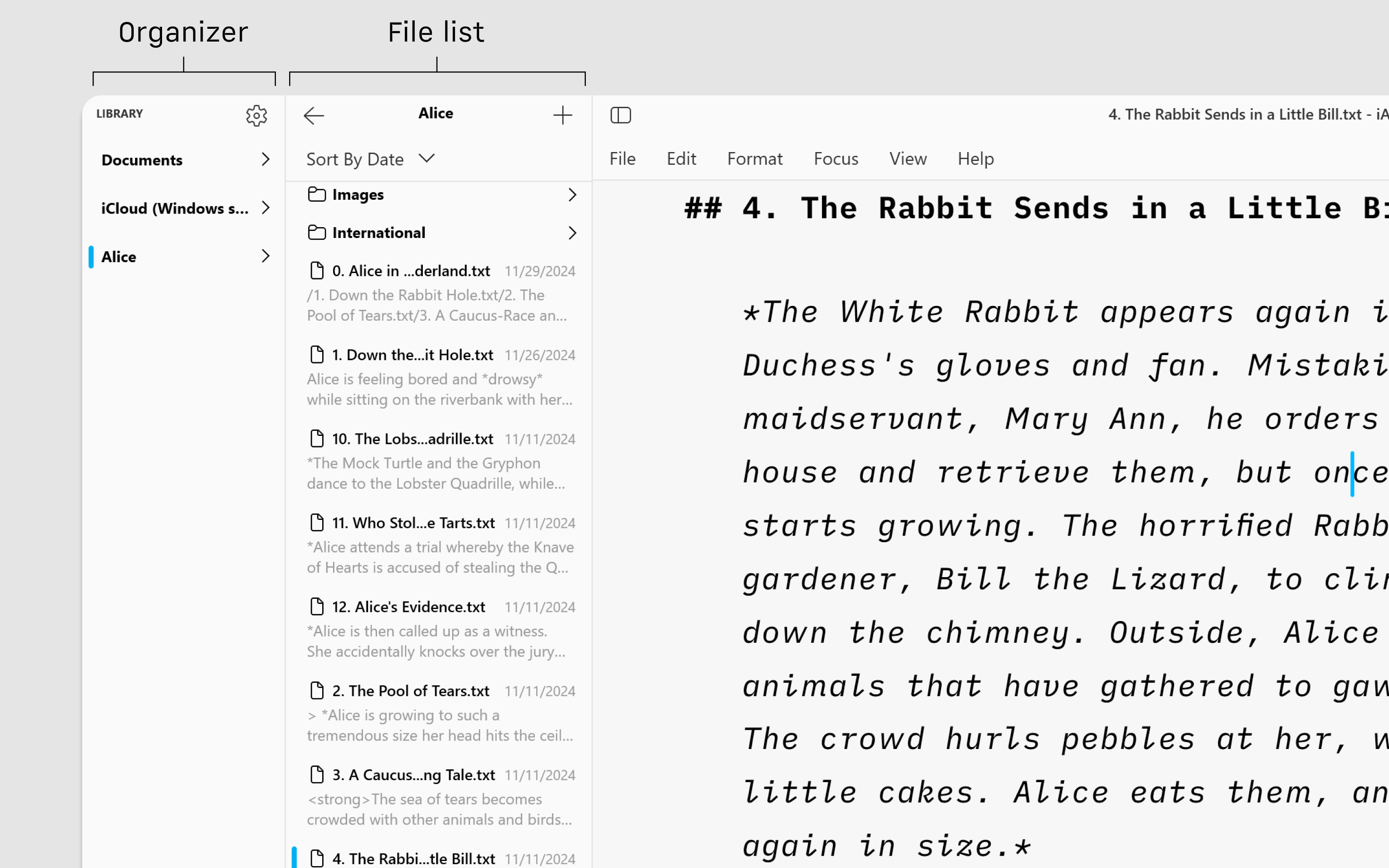 iA Writer for Windows organizer and file list