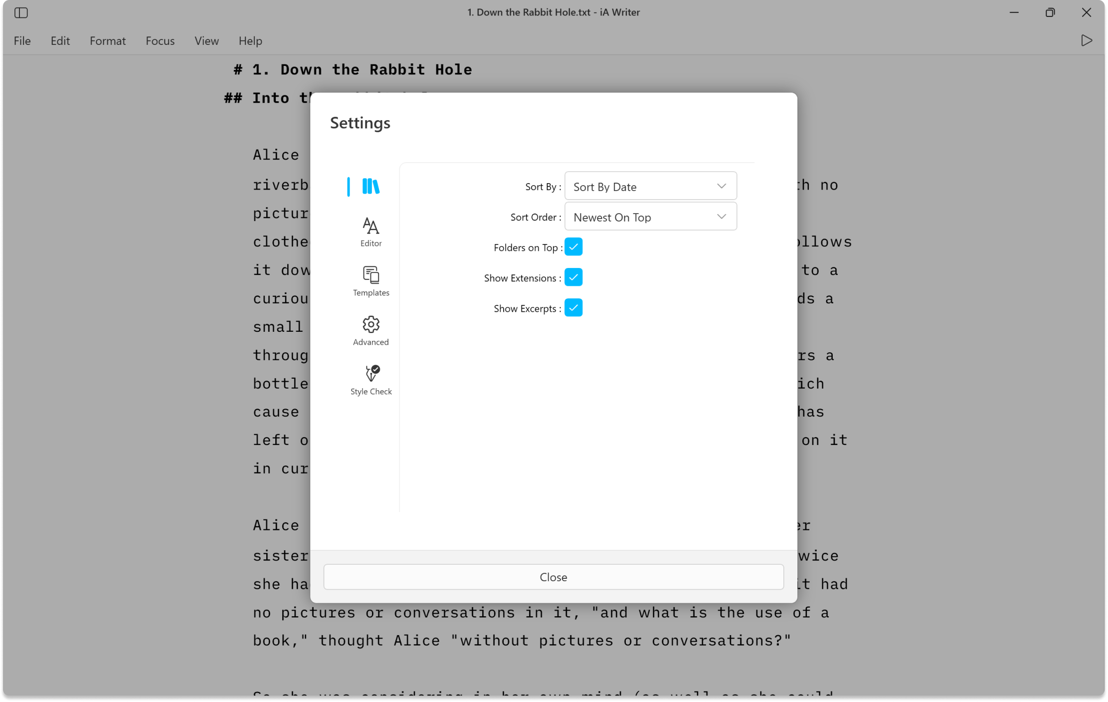 iA Writer for Windows Library settings