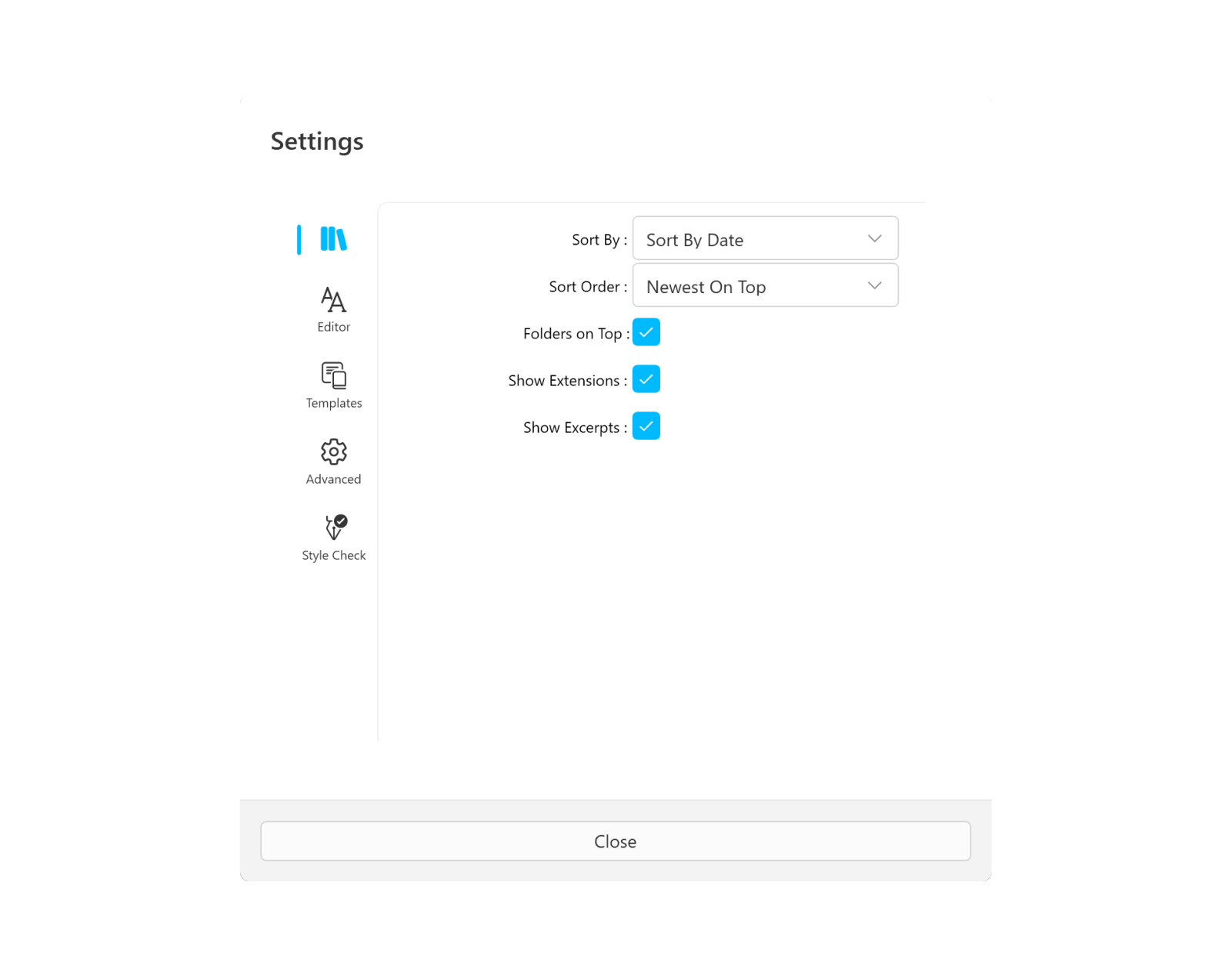 iA Writer for Windows Settings pane