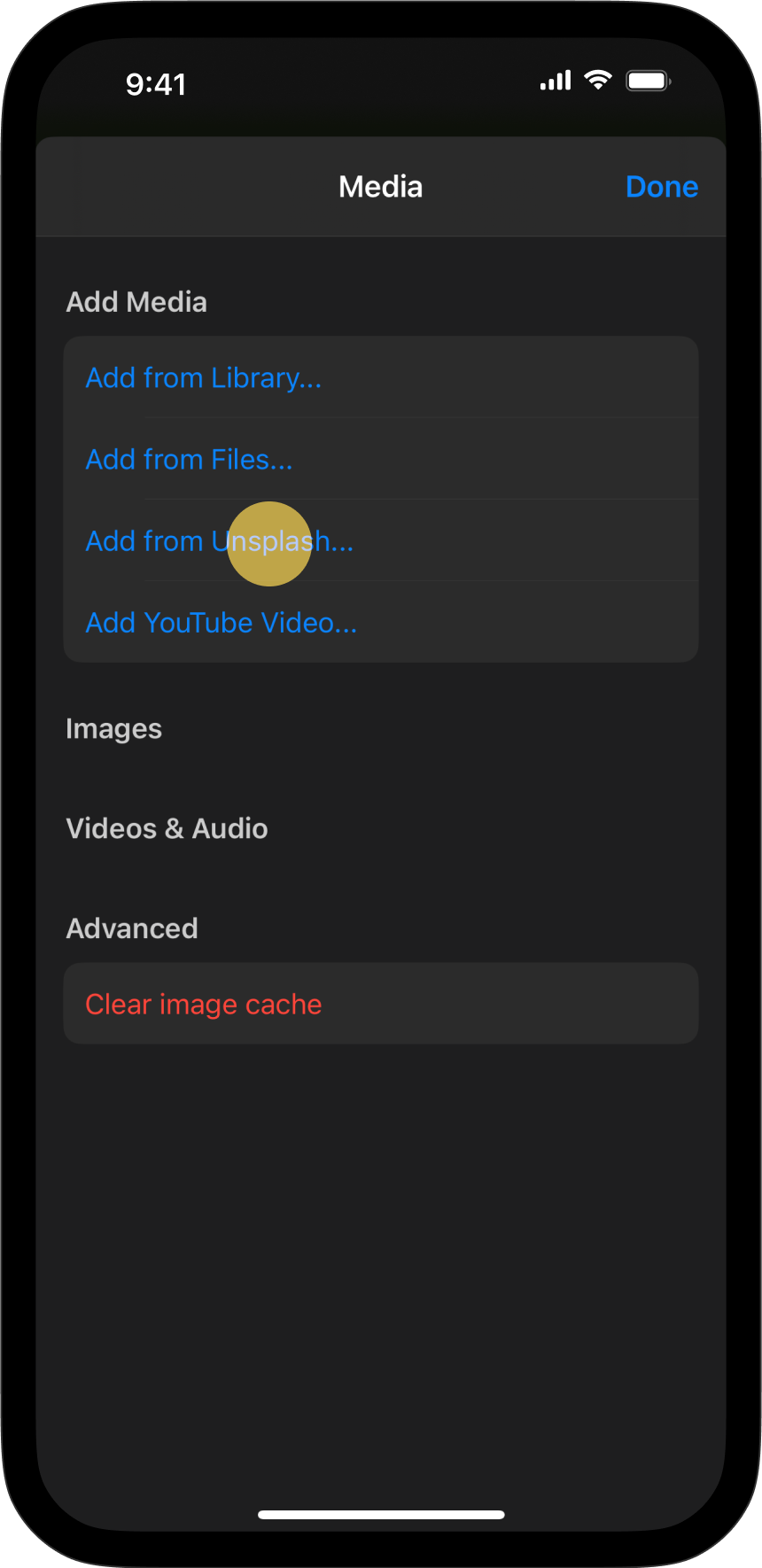 Screenshot showing how the Add from Unsplash option in the Media menu.